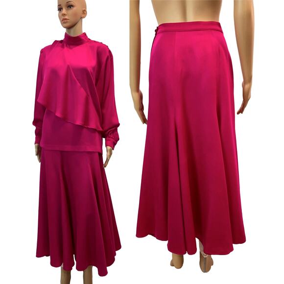 80s Hot Pink Midi Skirt & Asymmetrical Blouse Set | Auckie Sanft Italy | W 25' - Picture 6 of 13
